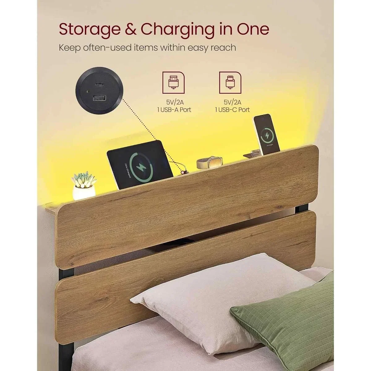 Single Metal Bed Frame with LED Headboard, USB and Type-C Charging Ports, Natural Brown - Natural Brown – image 6