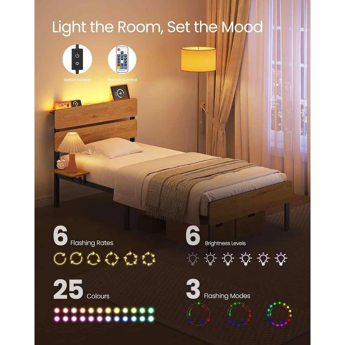 Single Metal Bed Frame with LED Headboard, USB and Type-C Charging Ports, Natural Brown - Natural Brown – image 7