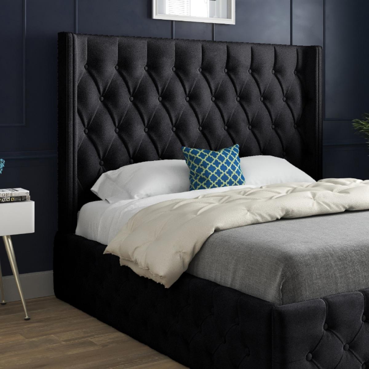 Wayno Straight Winged Upholstered Velvet Bed Frame - Black / 159cm
