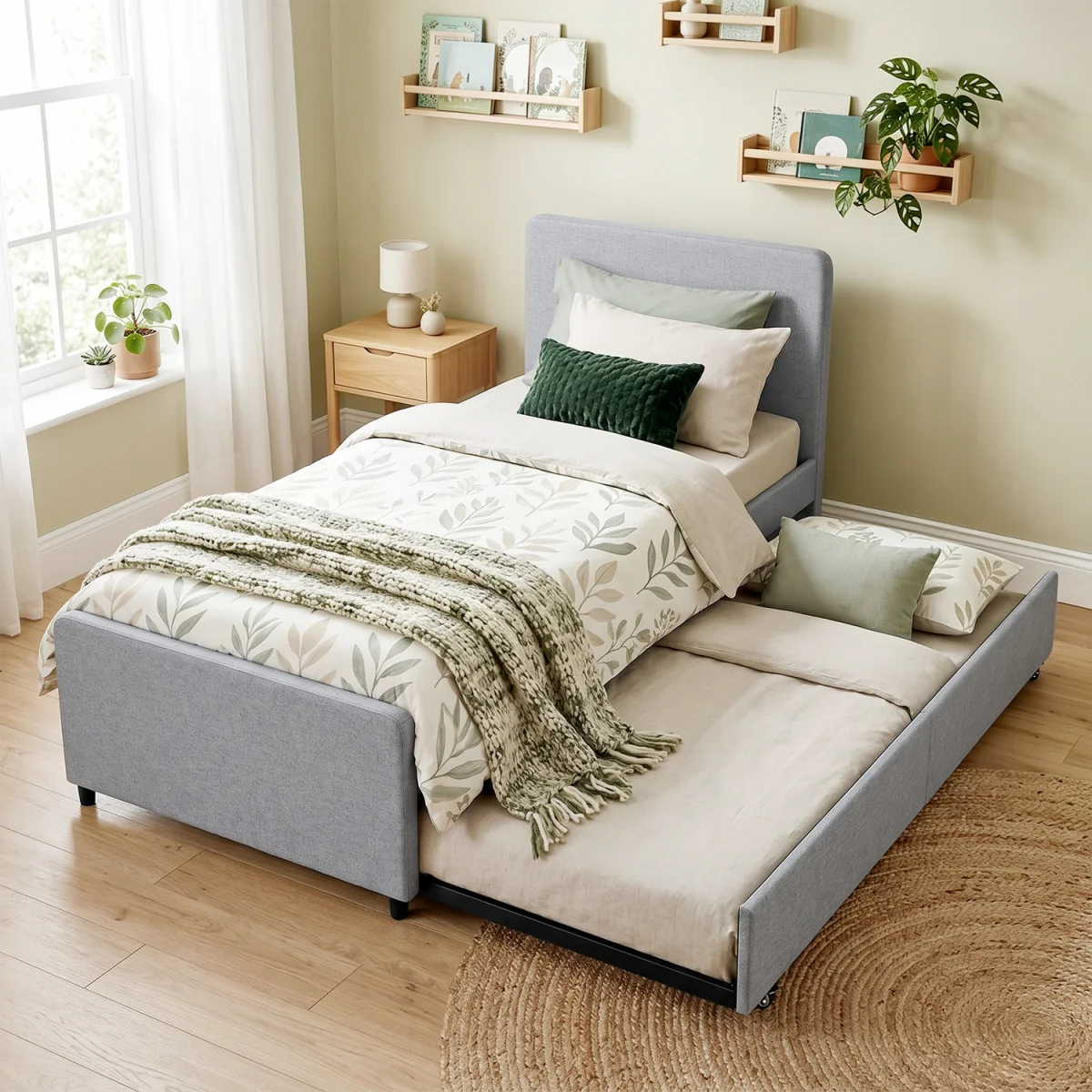 HOMCOM 90 x 190 cm Upholstered Single Bed Pull Out Trundle Bed - Light Grey – image 2