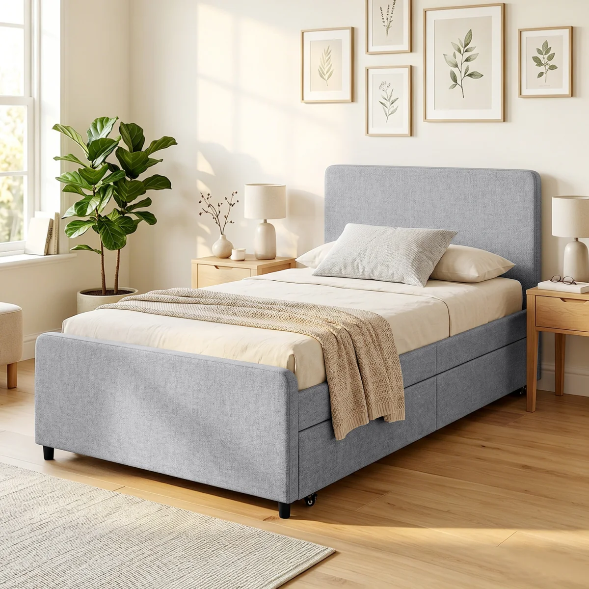 HOMCOM 90 x 190 cm Upholstered Single Bed Pull Out Trundle Bed - Light Grey – image 3