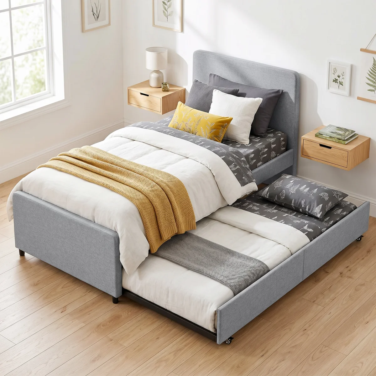 HOMCOM 90 x 190 cm Upholstered Single Bed Pull Out Trundle Bed - Light Grey – image 4