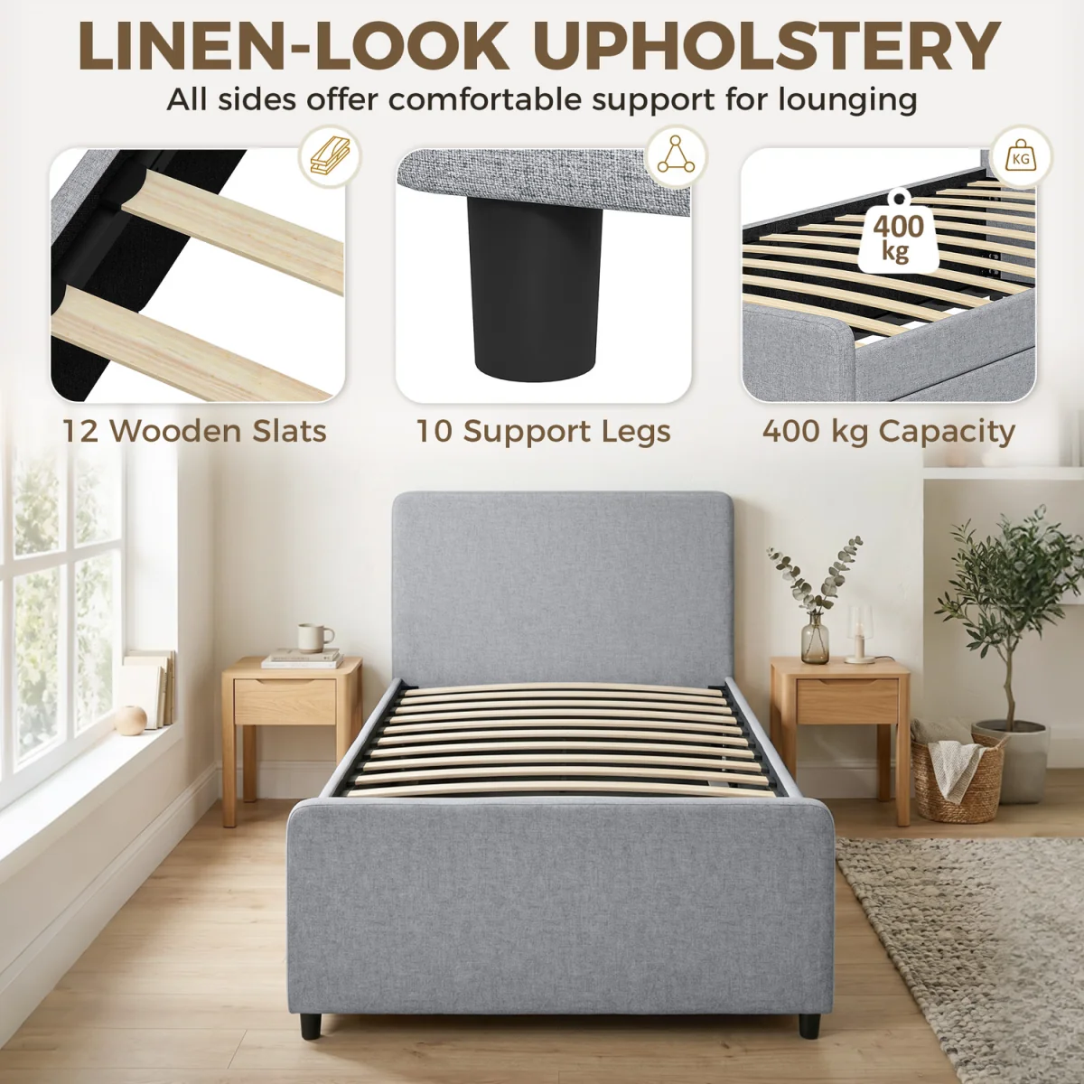 HOMCOM 90 x 190 cm Upholstered Single Bed Pull Out Trundle Bed - Light Grey – image 5