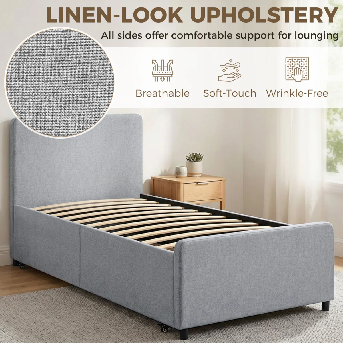 HOMCOM 90 x 190 cm Upholstered Single Bed Pull Out Trundle Bed - Light Grey – image 6