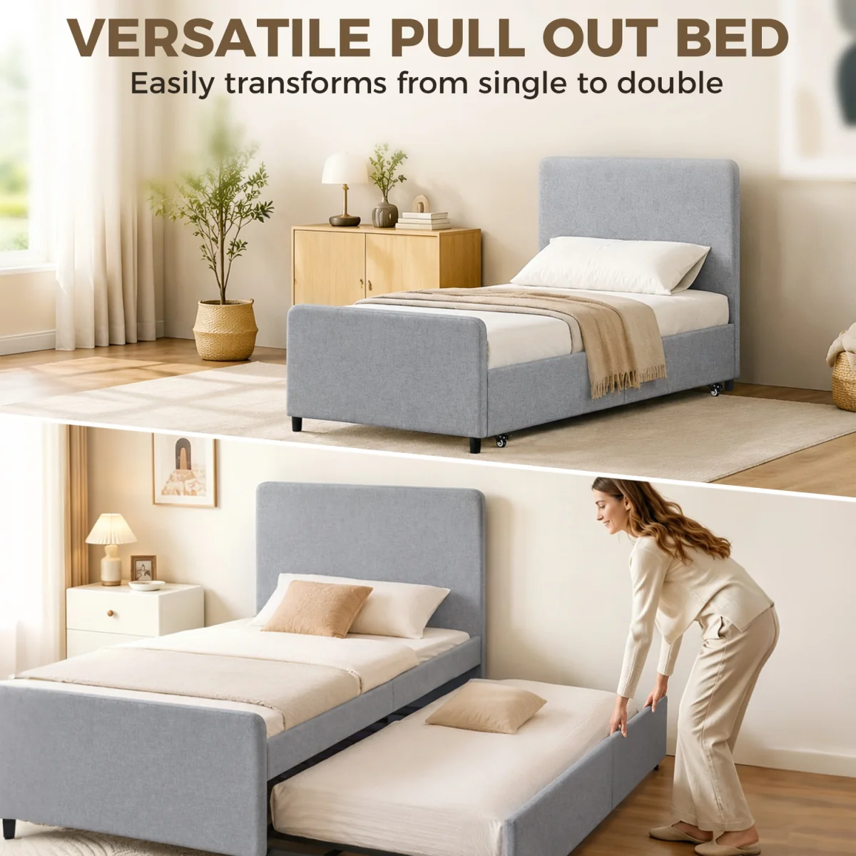 HOMCOM 90 x 190 cm Upholstered Single Bed Pull Out Trundle Bed - Light Grey – image 7