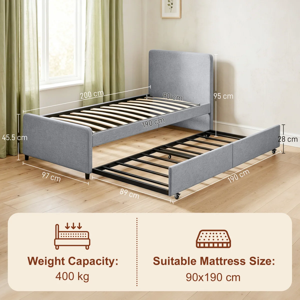HOMCOM 90 x 190 cm Upholstered Single Bed Pull Out Trundle Bed - Light Grey – image 8