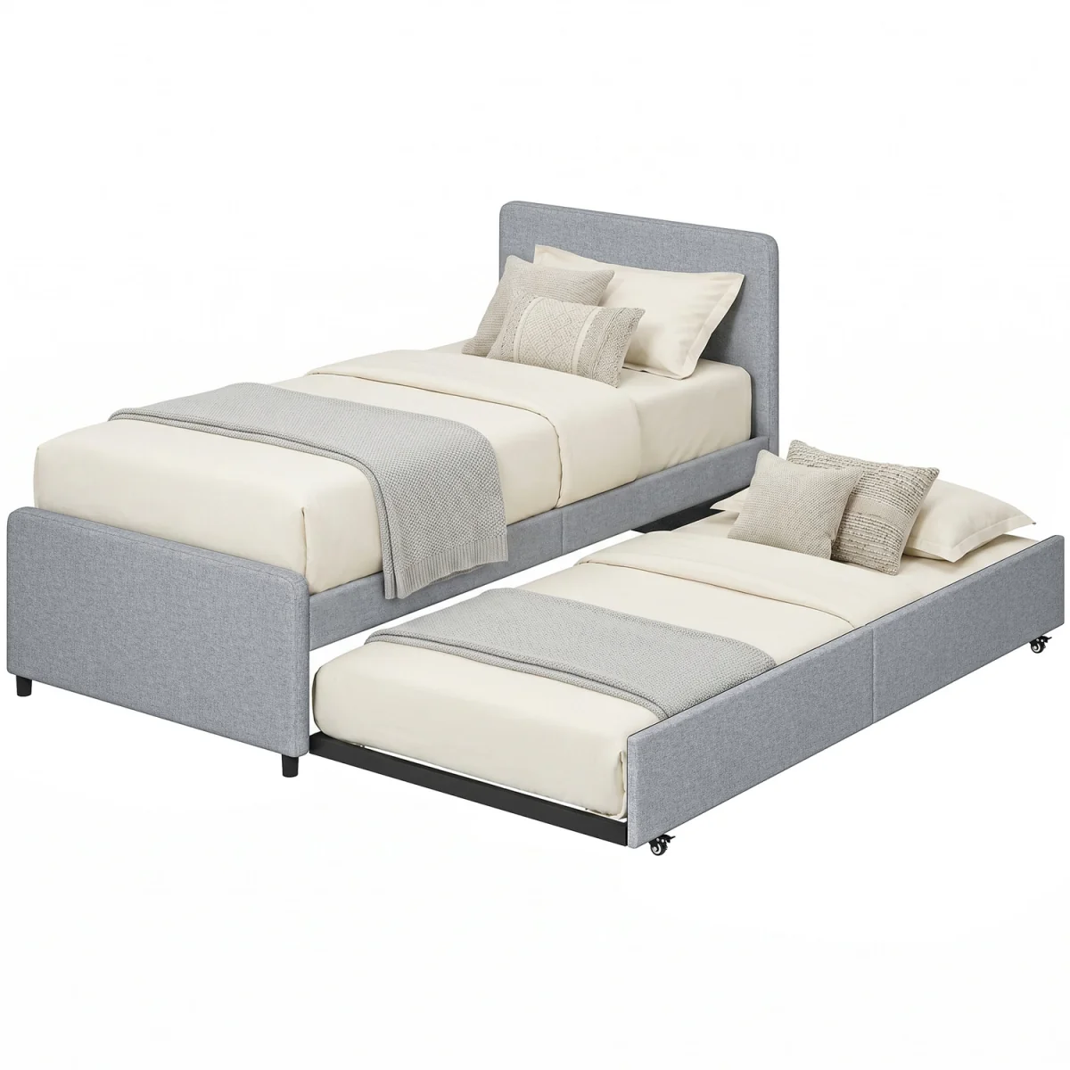 HOMCOM 90 x 190 cm Upholstered Single Bed Pull Out Trundle Bed - Light Grey – image 9