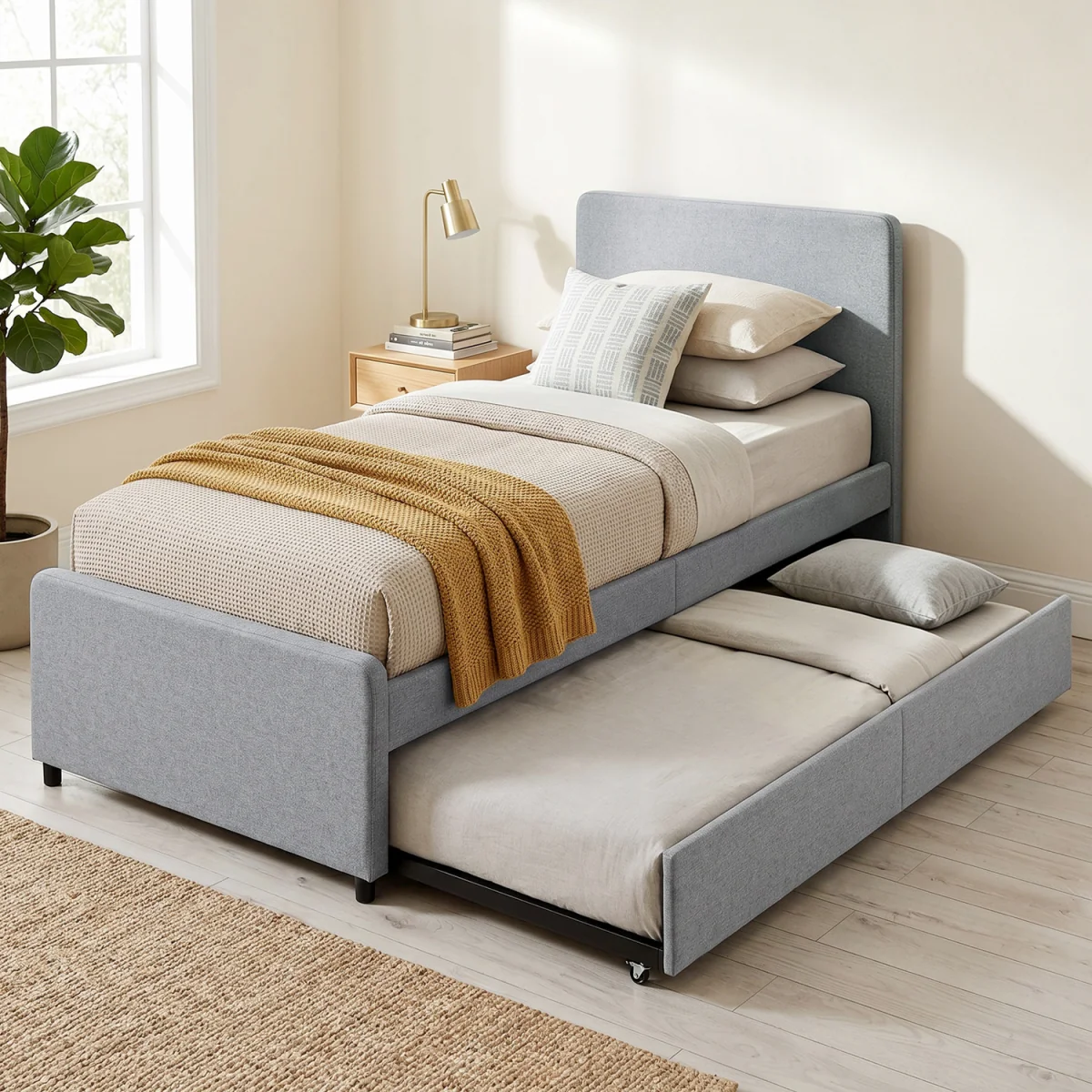 HOMCOM 90 x 190 cm Upholstered Single Bed Pull Out Trundle Bed - Light Grey – image 1