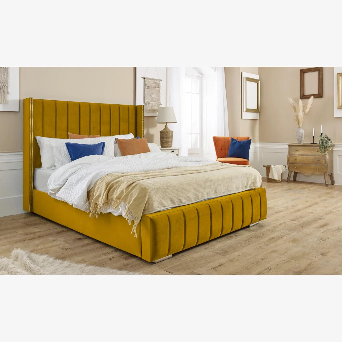 Hemmel Plush 4 Inch Solid Thick Bed Frame With Chesterfield Headboard - Mustard Gold / Small Double