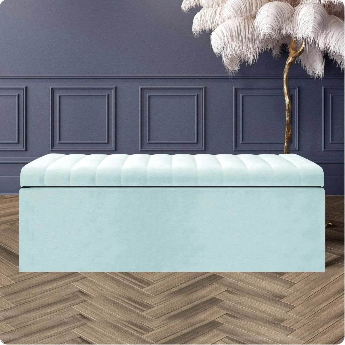 Plush Velvet Striped Upholstered Blanket Chest, End of Bed Benc - White Plush Velvet – image 2