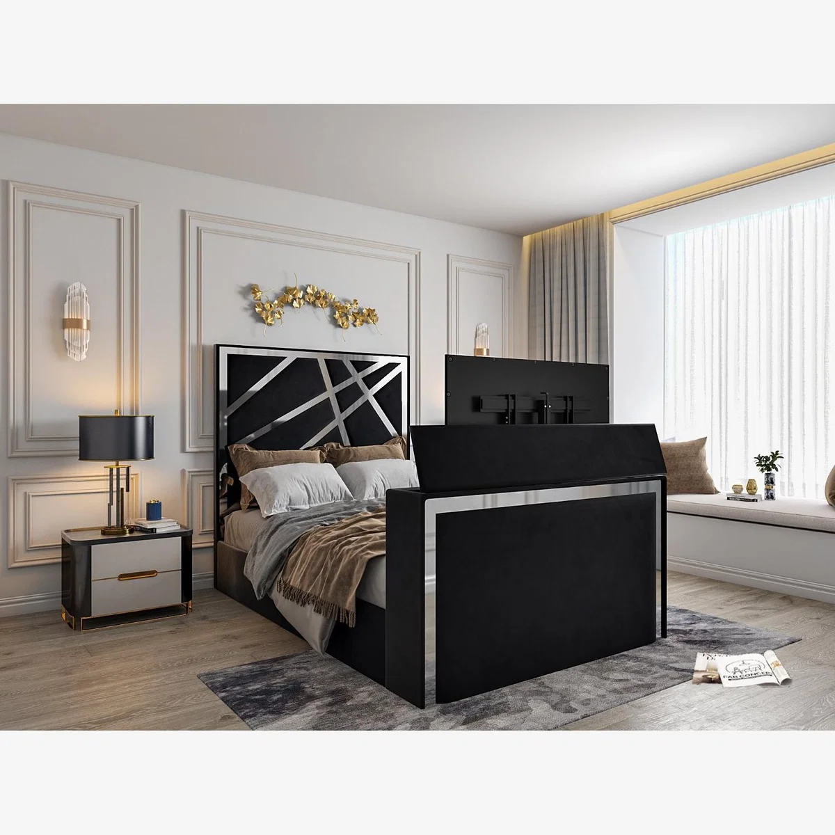 Rayleigh Upholstered Soft Velvet Tv Bed Frame - Plush Velvet Fabric - Silver / Single