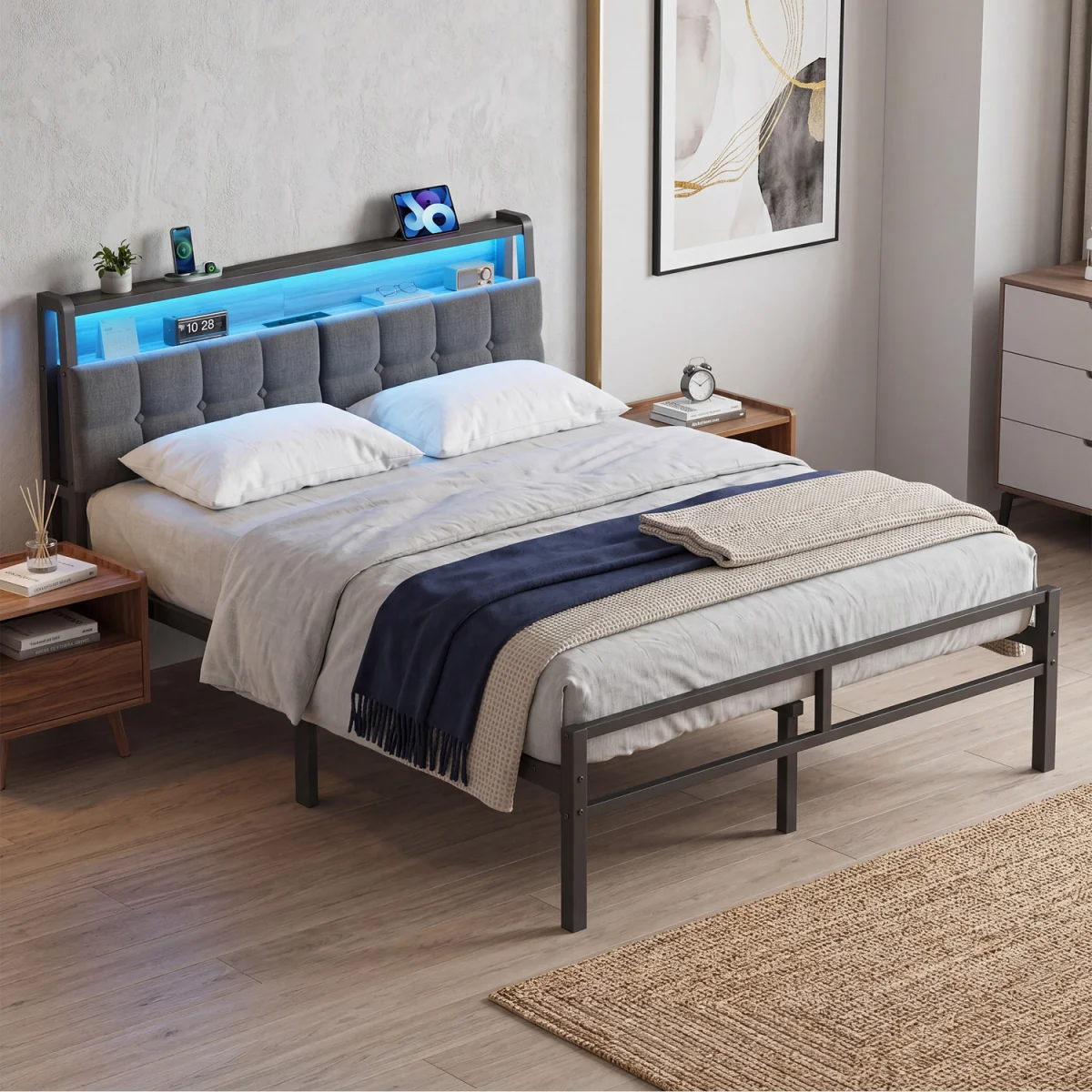 Double Bed Frame, with Storage and Upholstered Headboard - Black – image 2
