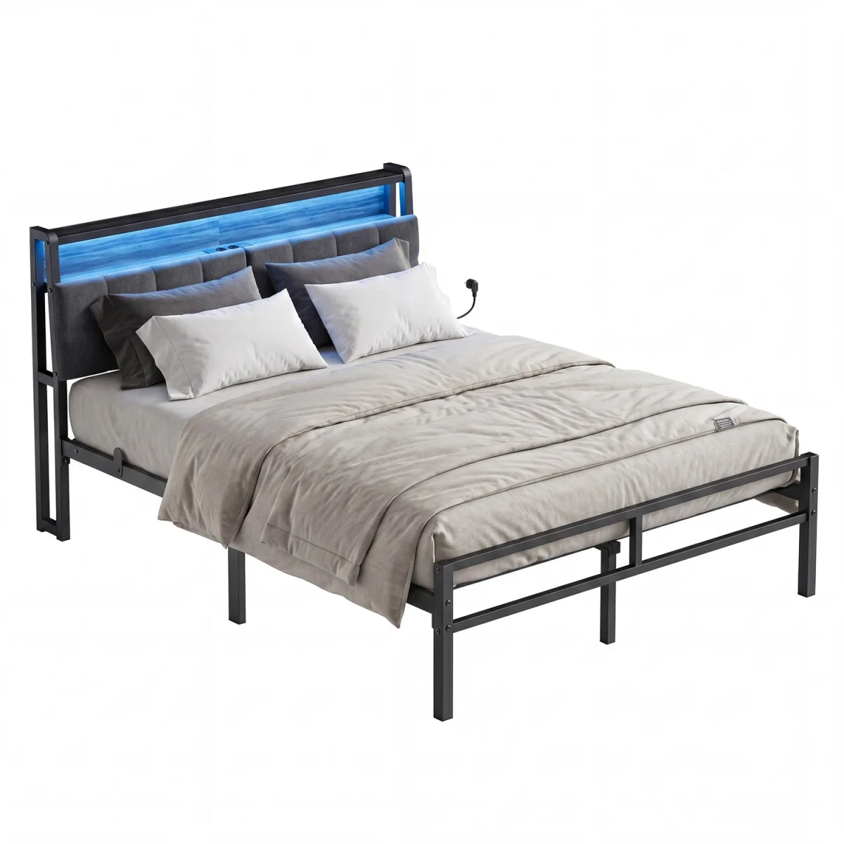 Double Bed Frame, with Storage and Upholstered Headboard - Black – image 4
