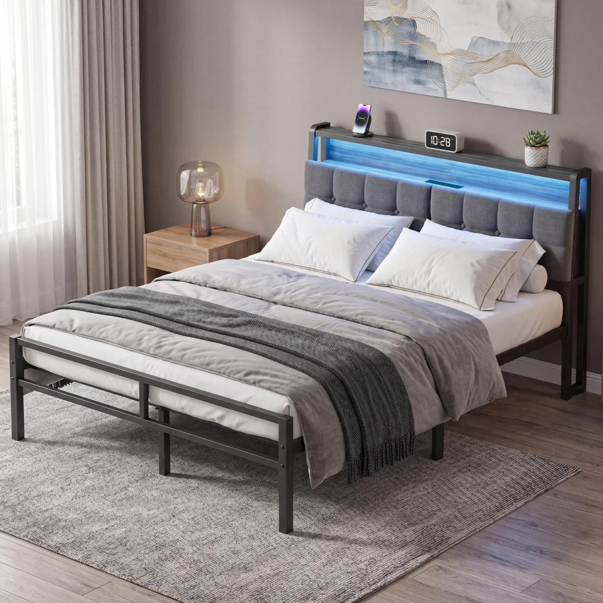 Double Bed Frame, with Storage and Upholstered Headboard - Black – image 5
