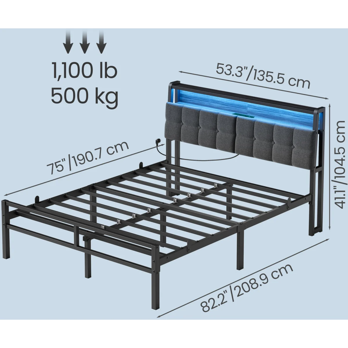 Double Bed Frame, with Storage and Upholstered Headboard - Black – image 6