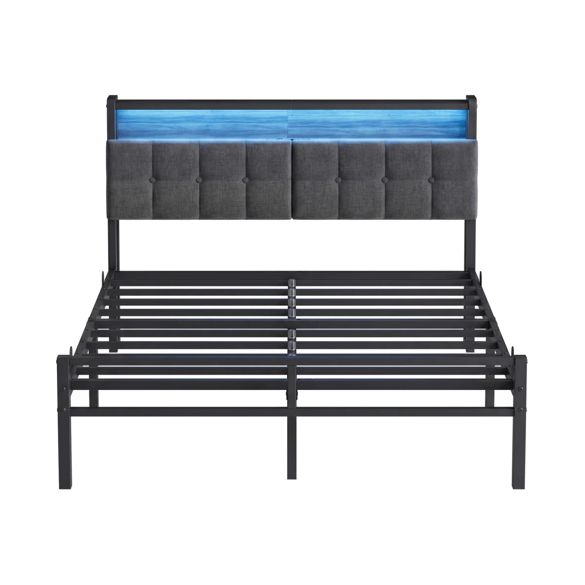 Double Bed Frame, with Storage and Upholstered Headboard - Black – image 1