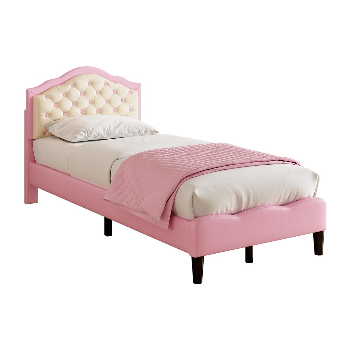 Pink and beige upholstered bed frame with adjustable headboard and wood slats - Pink / Single