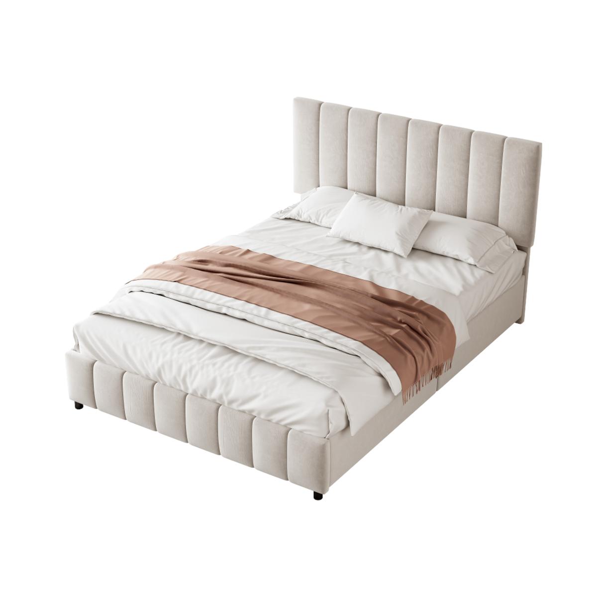 Velvet Platform Bed Frame with Adjustable Channel Tufted Headboard - Beige