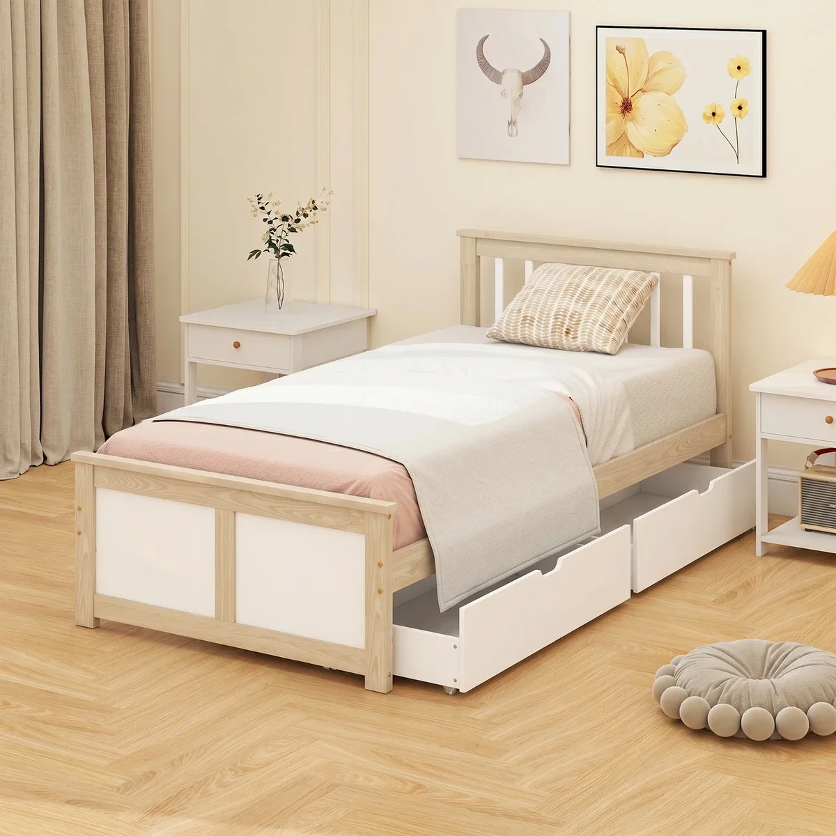 HOMCOM 3ft Single Pine Bed Frame with 2 Drawers Headboard - Natural wood finish – image 2