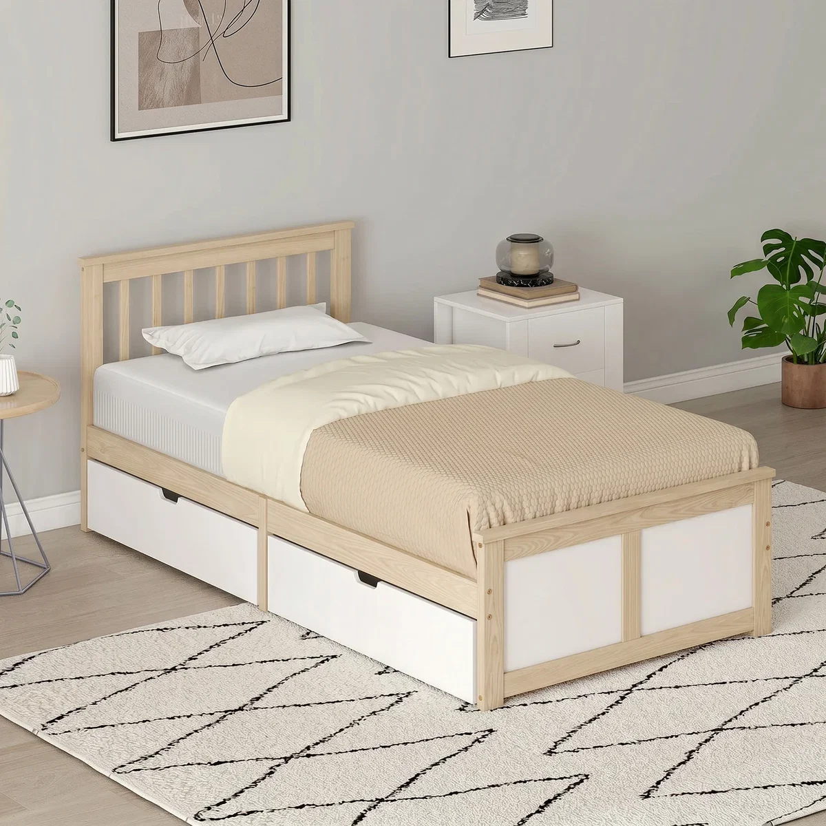 HOMCOM 3ft Single Pine Bed Frame with 2 Drawers Headboard - Natural wood finish – image 3