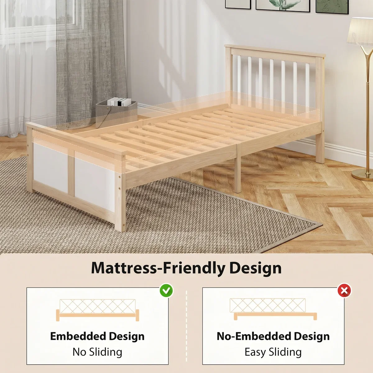 HOMCOM 3ft Single Pine Bed Frame with 2 Drawers Headboard - Natural wood finish – image 4
