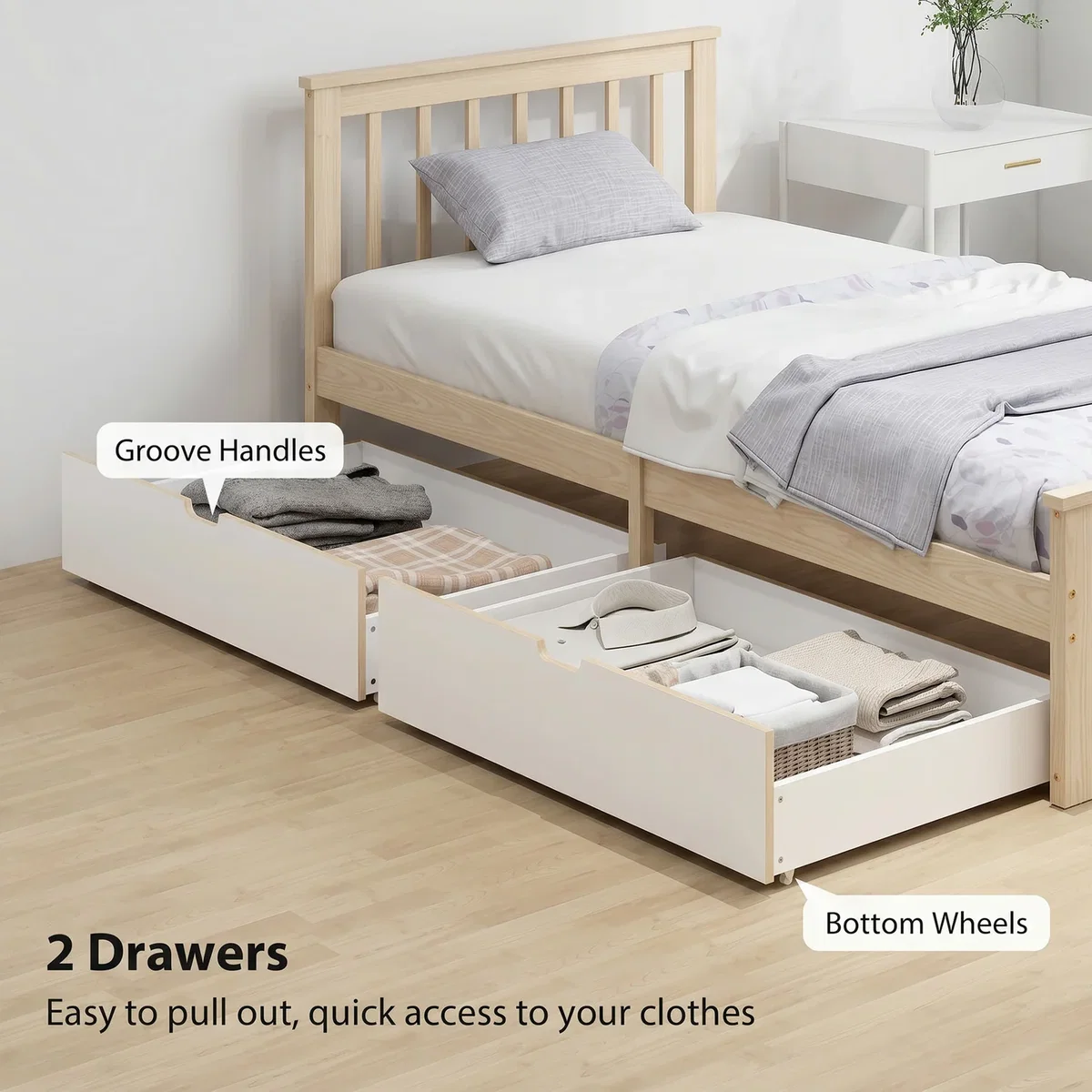 HOMCOM 3ft Single Pine Bed Frame with 2 Drawers Headboard - Natural wood finish – image 5