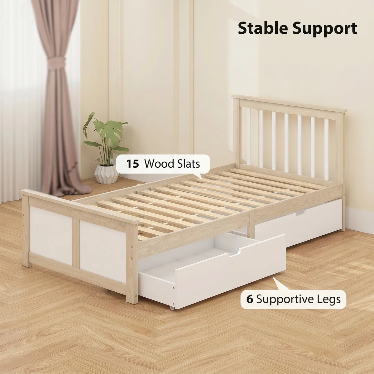 HOMCOM 3ft Single Pine Bed Frame with 2 Drawers Headboard - Natural wood finish – image 6