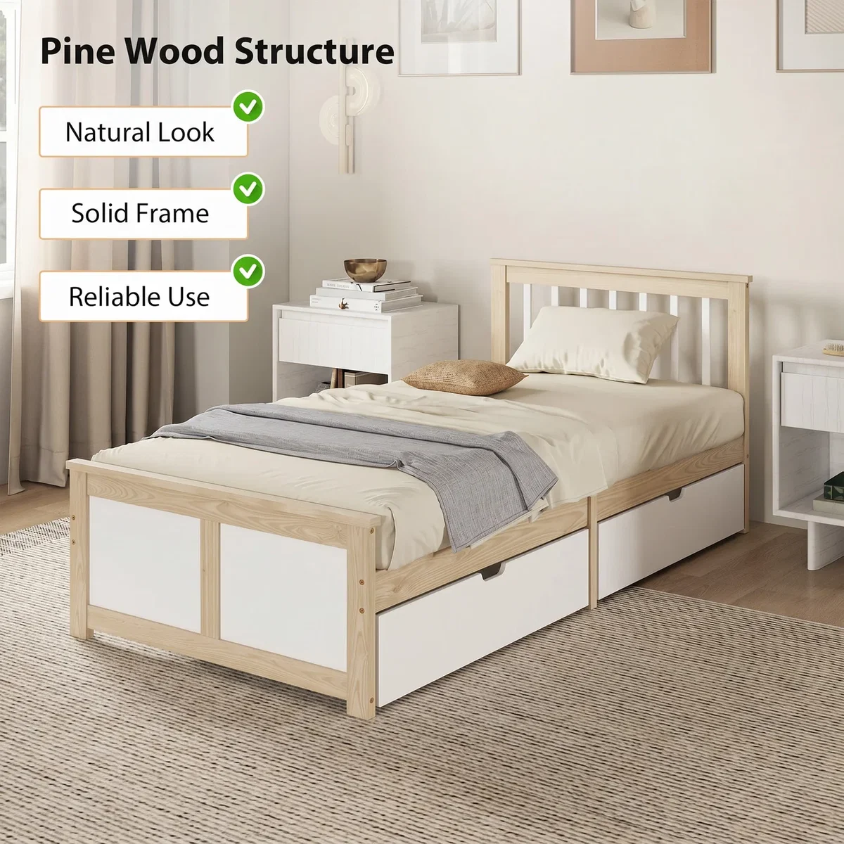 HOMCOM 3ft Single Pine Bed Frame with 2 Drawers Headboard - Natural wood finish – image 7