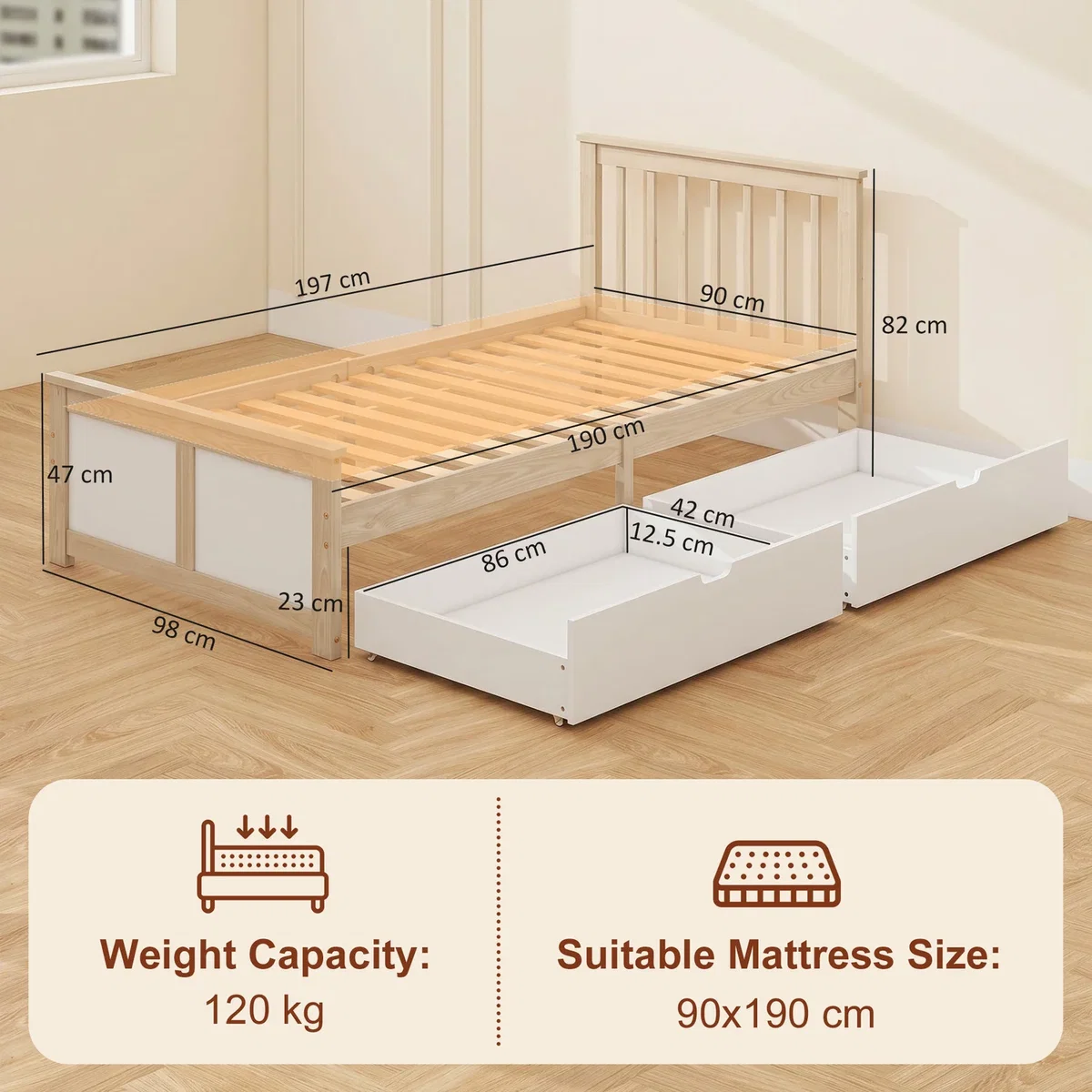 HOMCOM 3ft Single Pine Bed Frame with 2 Drawers Headboard - Natural wood finish – image 8