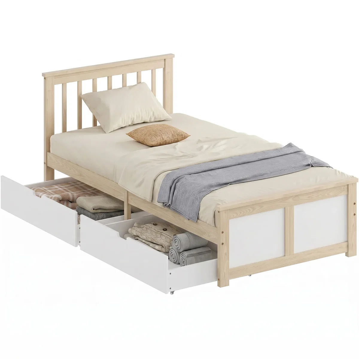 HOMCOM 3ft Single Pine Bed Frame with 2 Drawers Headboard - Natural wood finish – image 9