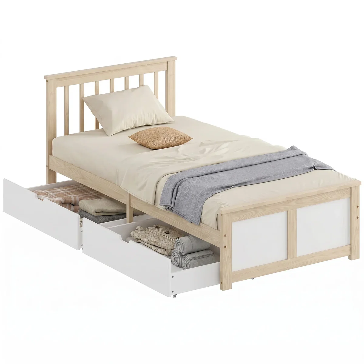 HOMCOM 3ft Single Pine Bed Frame with 2 Drawers Headboard - Natural wood finish – image 10