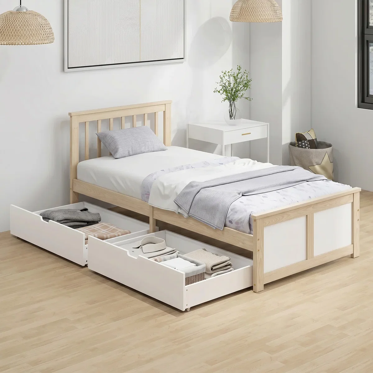 HOMCOM 3ft Single Pine Bed Frame with 2 Drawers Headboard - Natural wood finish – image 1