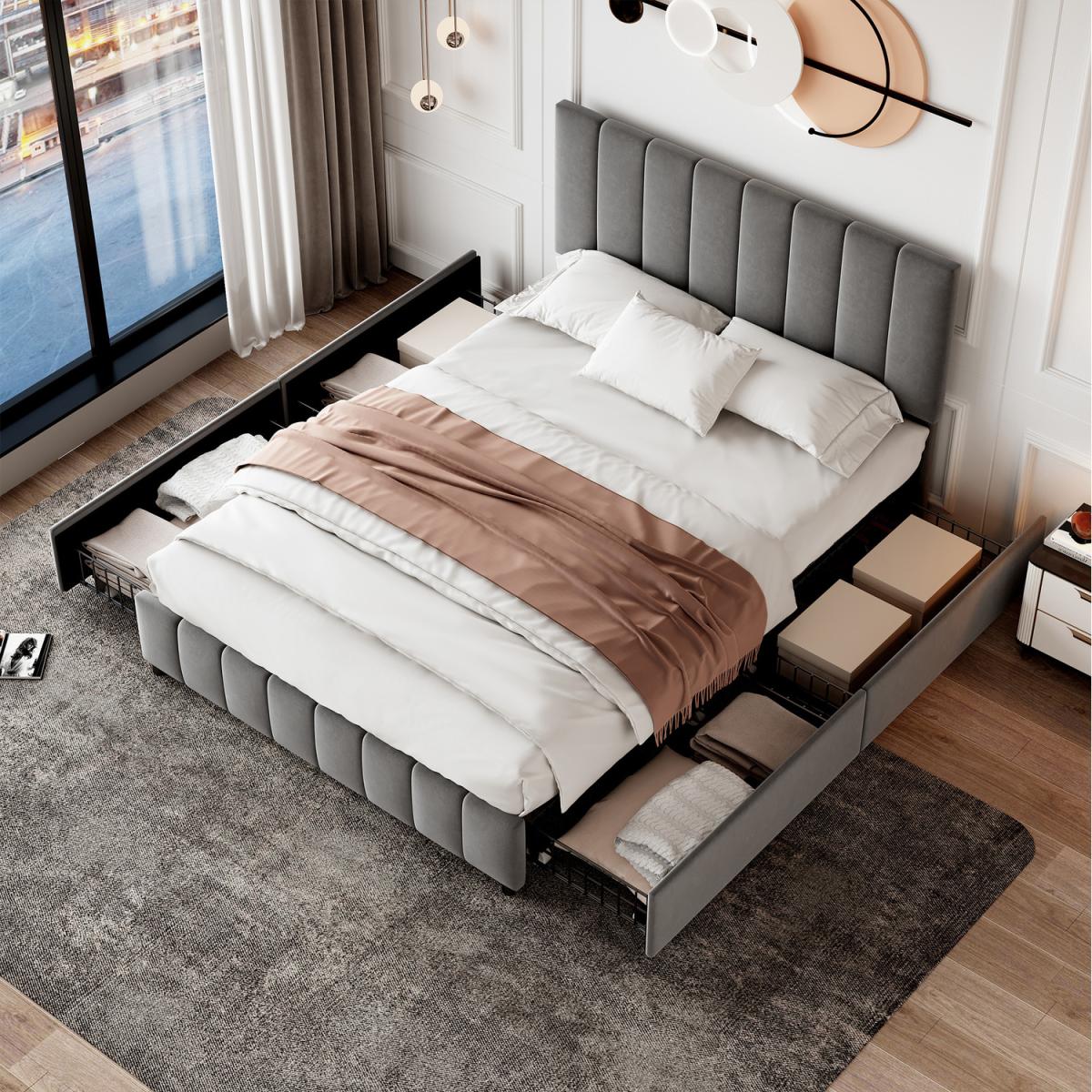 4 Storage Drawer Upholstered Bed - Grey
