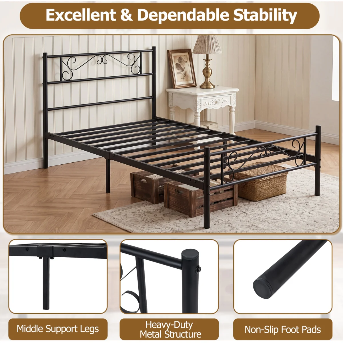 Floral Headboard Bed Frame - Black – image 5