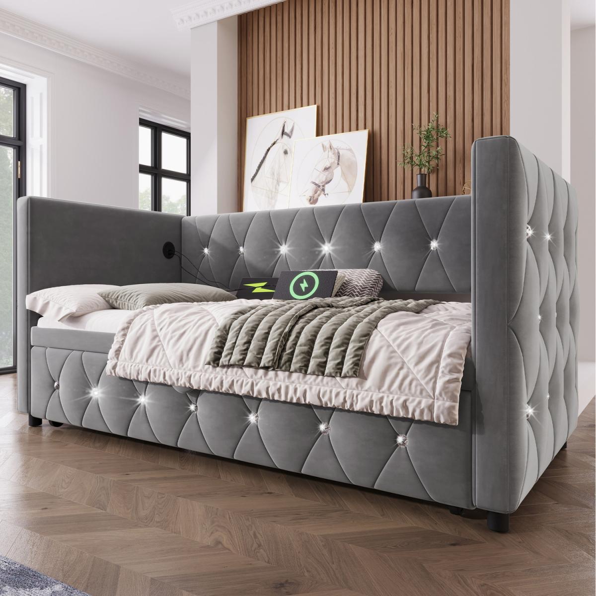 Upholstered Bed Bed with USB and Type C Charging Sations - Grey