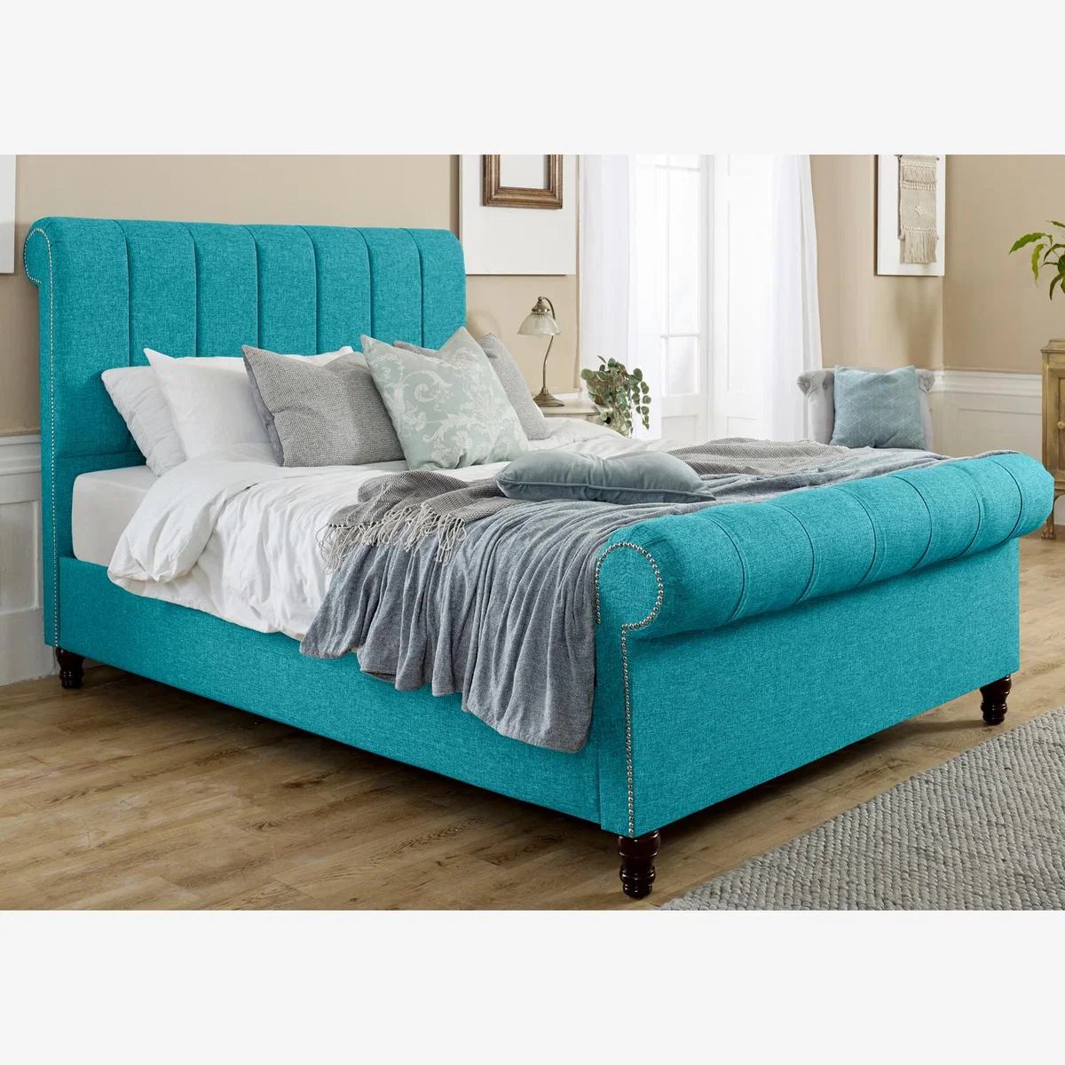 Sally Linen 4 Inch Solid Thick Bed Frame With Lined Headboard - Teal / Single