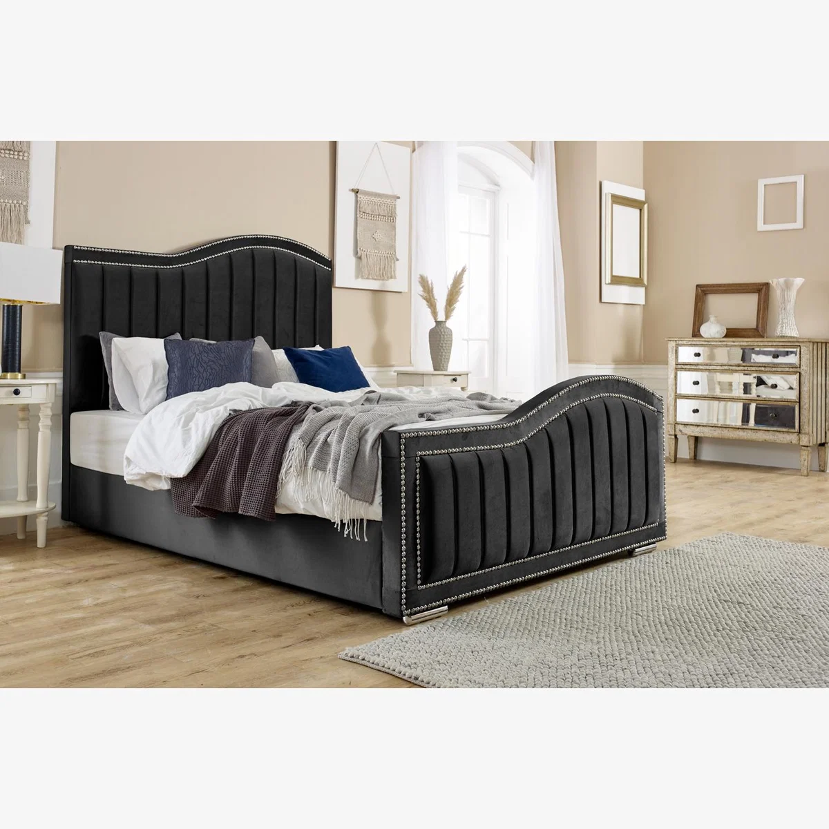 Kendrick Plush 4 Inch Solid Thick Bed Frame With Lined Headboard - Black / Single