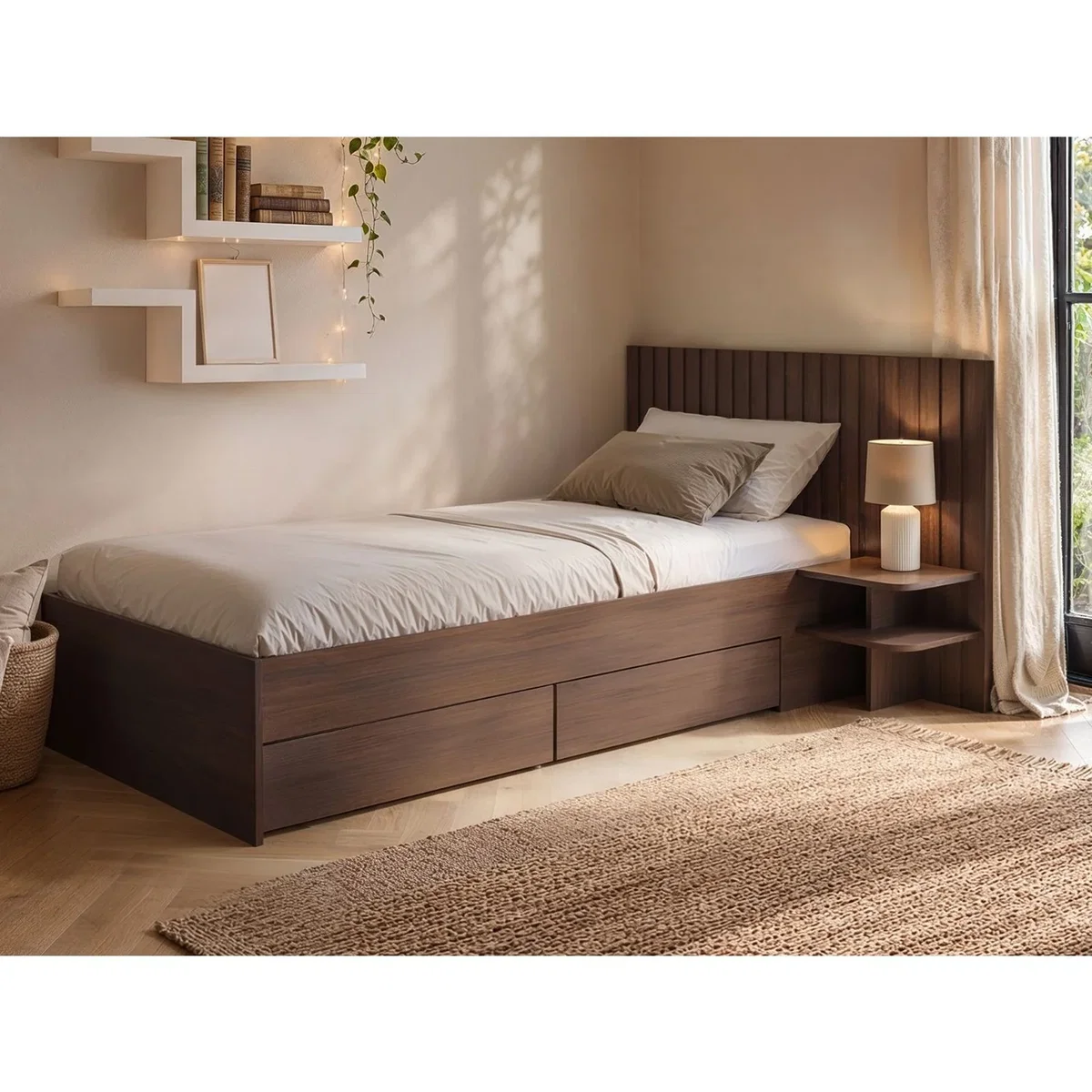 Taylor Single Bed Frame with Drawers & Integrated Bedside Table - Walnut