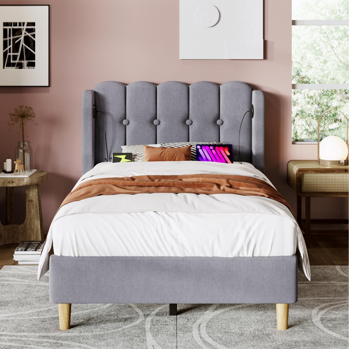 Upholstered Bed frame with USB and Type-C Charging - Grey