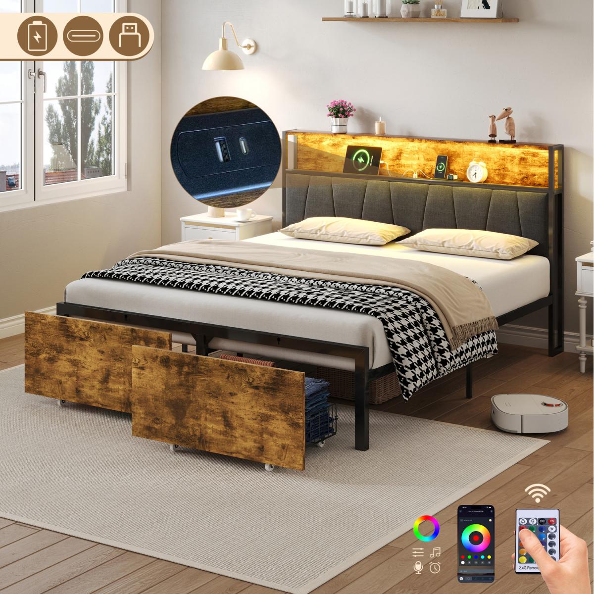 Double Metal Charging Bed Frame with Storage - Multi