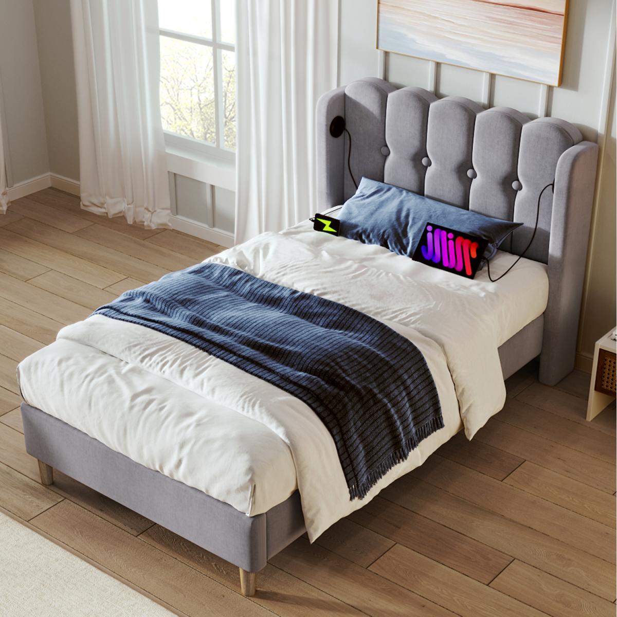 Linen Upholstered Bed with USB and Type-C Charging - Grey / 103cm