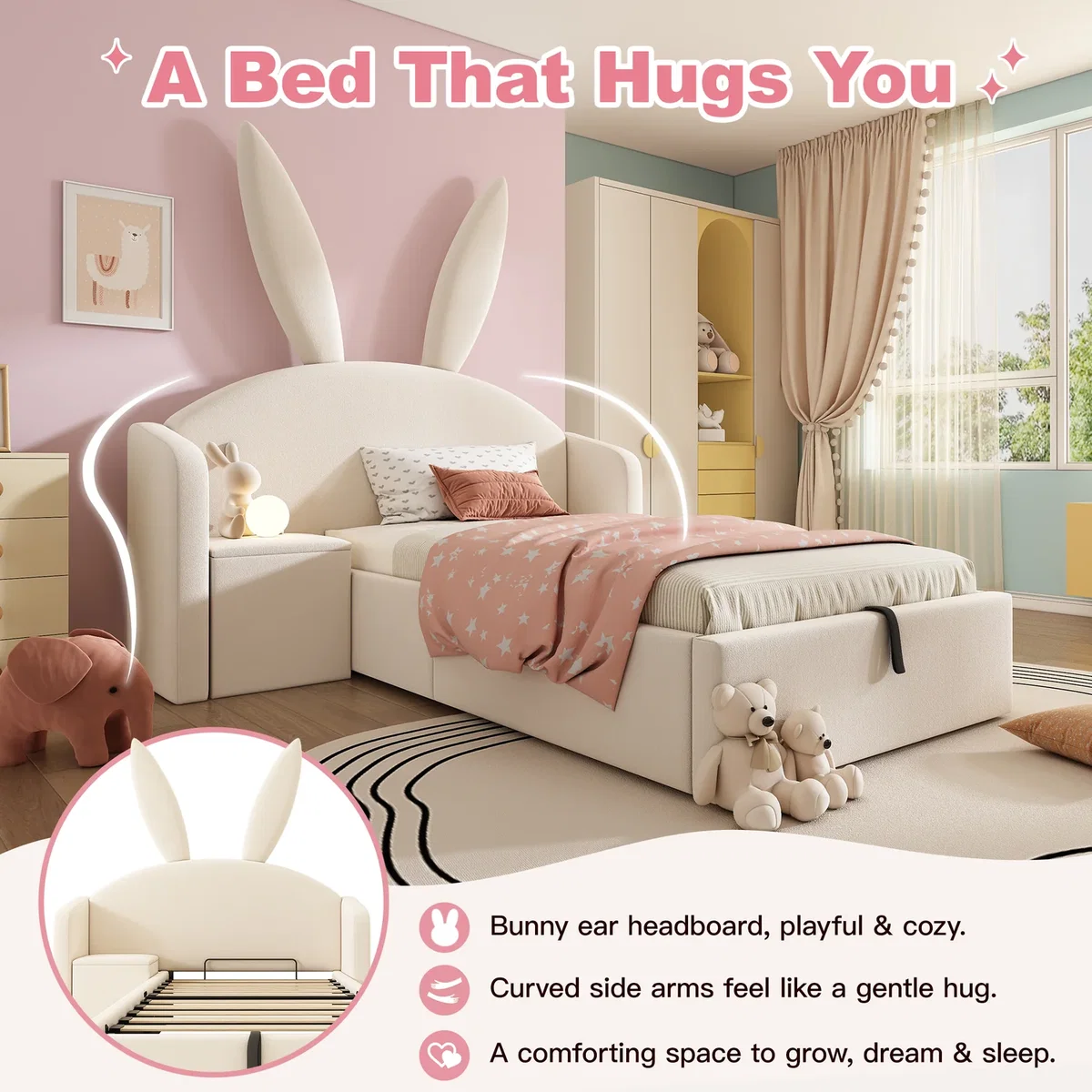 Bunny Ears Single Bed with Hydraulic Storage and Nightstand - Cream – image 2