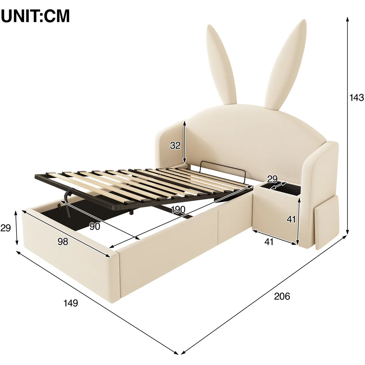 Bunny Ears Single Bed with Hydraulic Storage and Nightstand - Cream – image 3