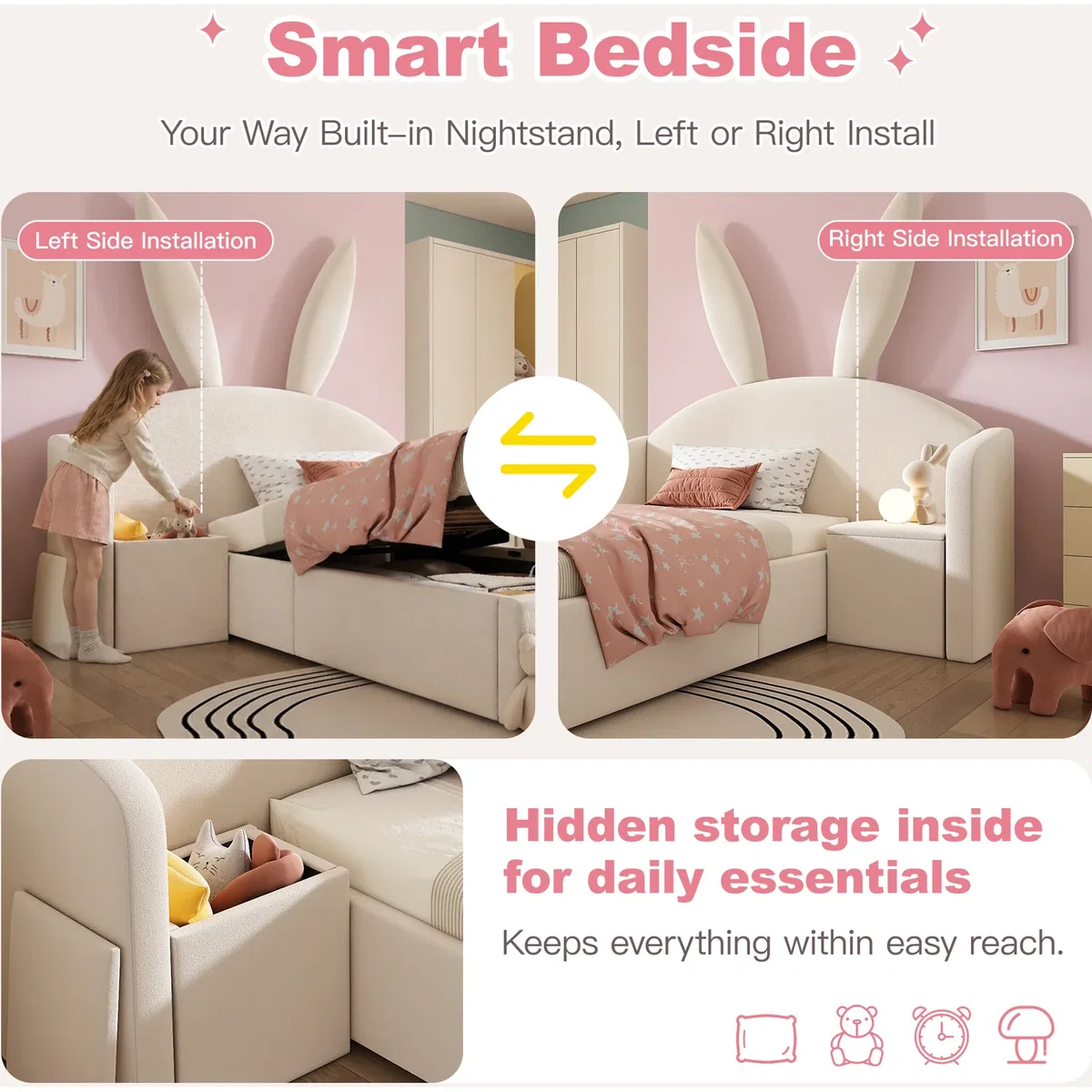 Bunny Ears Single Bed with Hydraulic Storage and Nightstand - Cream – image 5