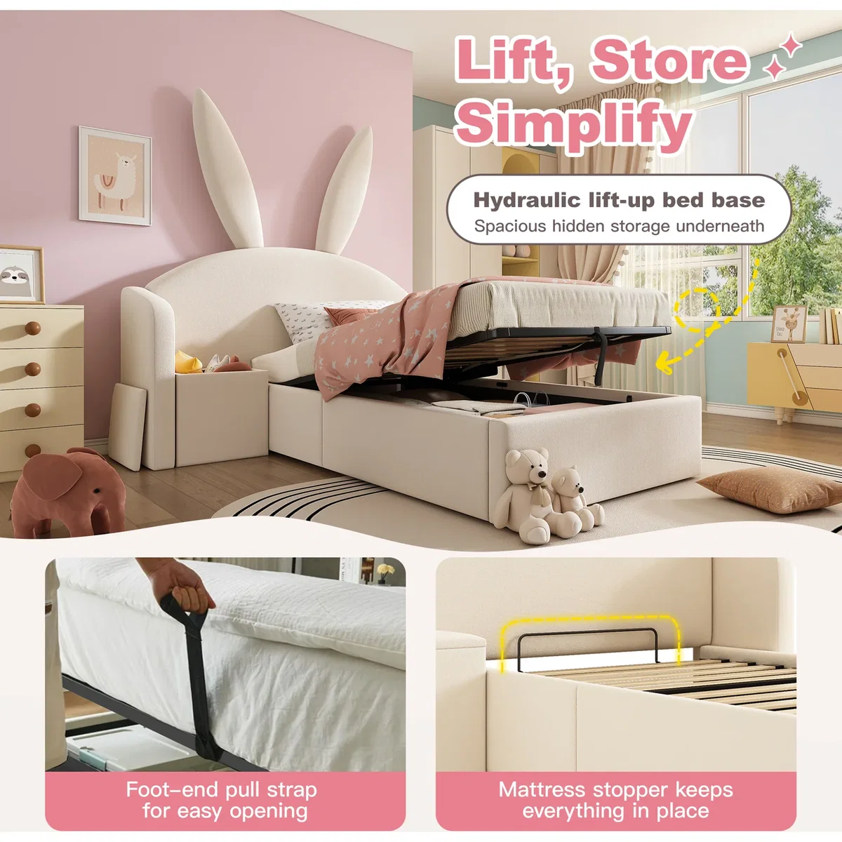 Bunny Ears Single Bed with Hydraulic Storage and Nightstand - Cream – image 6