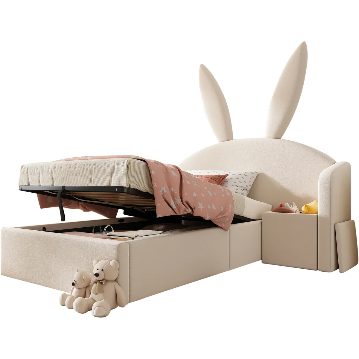 Bunny Ears Single Bed with Hydraulic Storage and Nightstand - Cream – image 7