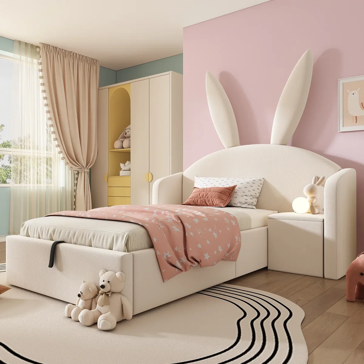 Bunny Ears Single Bed with Hydraulic Storage and Nightstand - Cream – image 9