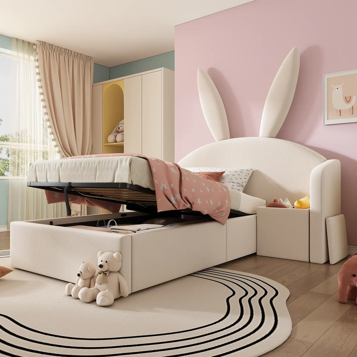 Bunny Ears Single Bed with Hydraulic Storage and Nightstand - Cream – image 1