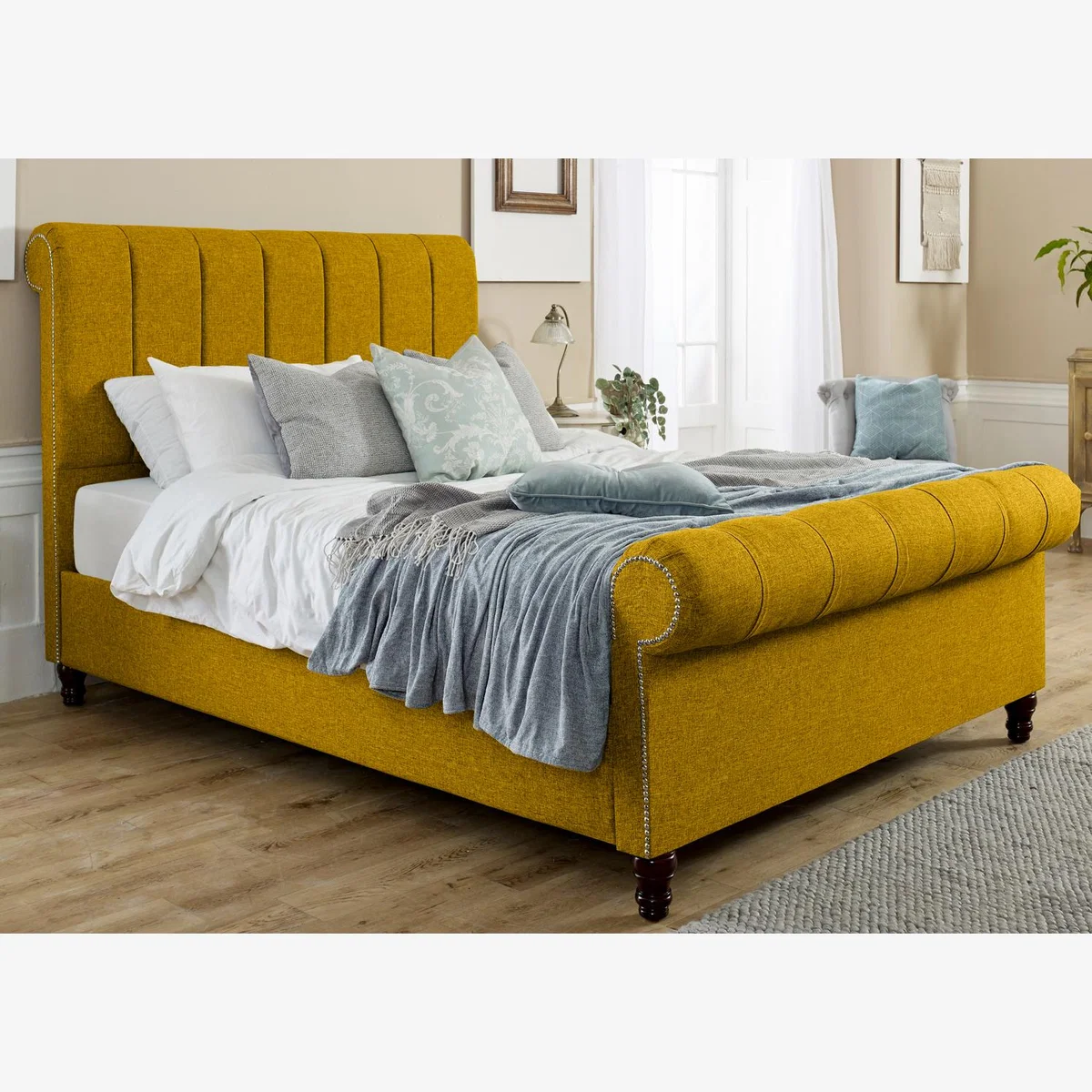 Sally Linen 4 Inch Solid Thick Bed Frame With Lined Headboard - Mustard Gold / Single