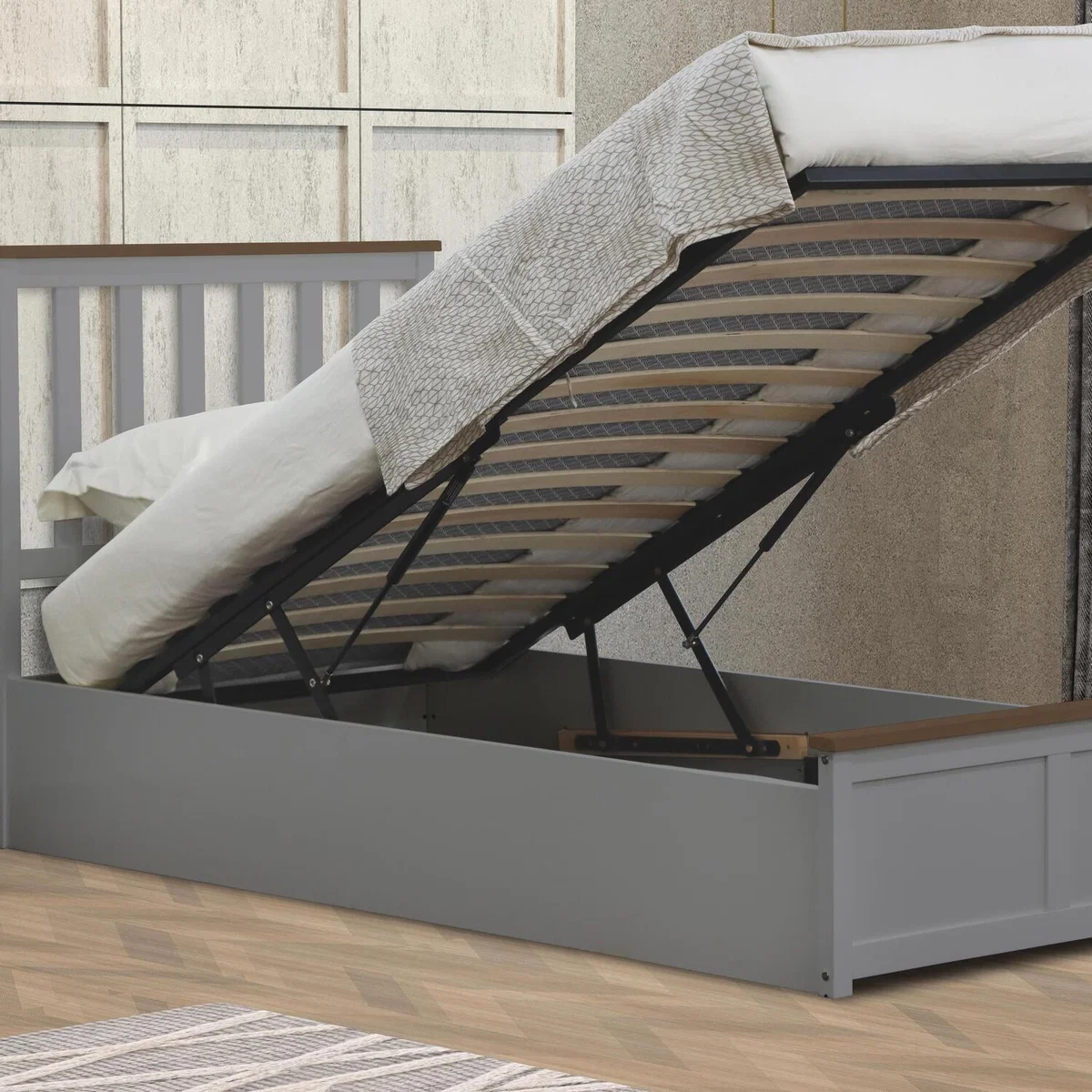 Wooden Ottoman Gas Lift Storage Bed - Grey / Single